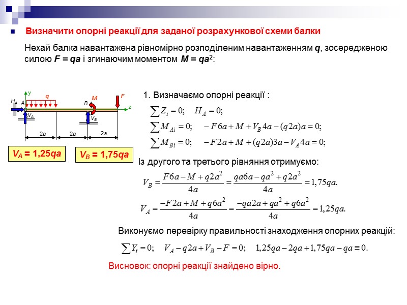 Визначити опорні реакції для заданої розрахункової схеми балки Нехай балка навантажена рівномірно розподіленим навантаженням Визначити опорні реакції для заданої розрахункової схеми балки Нехай балка навантажена рівномірно розподіленим навантаженням